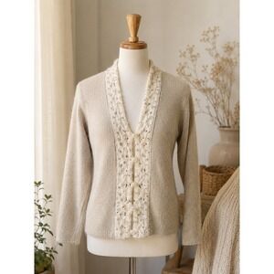 Vintage Silk Angora Beaded Cardigan Oatmeal Pearl Knit Sweater S GrandmaCore